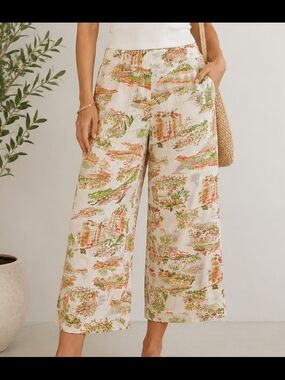 Cynthia Rowley 100% Linen Scenic Print Wide Leg Crop Pants Size Large Mediterran